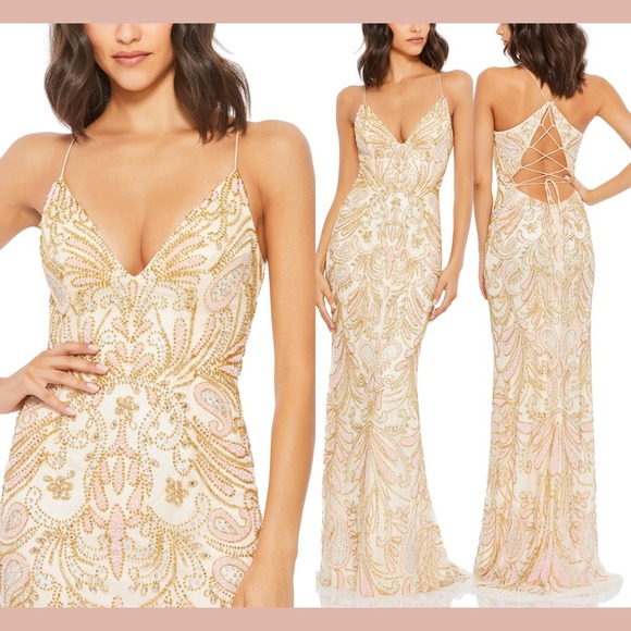 NWT Mac Duggal [ 8 ] 5309 V-Neck Strappy Back Beaded Gown Champagne Pink‎ J1423 - Picture 1 of 14